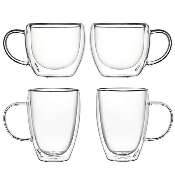 4pc Glass Cups Double Walled Espresso Glasses Coffee Mugs, 12Ozx2+5Ozx2