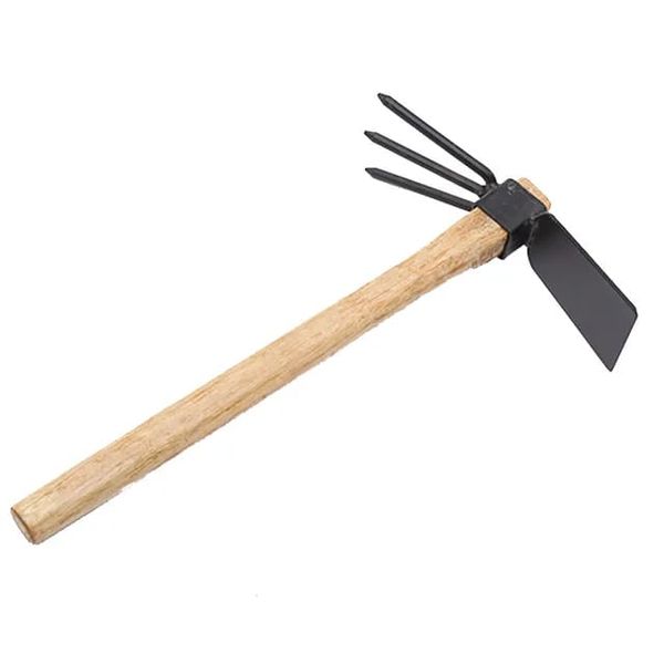 Carbon Steel Blade Cultivator Hand Tiller Double Head Hoe With Wood Handle