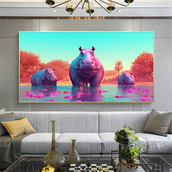 Canvas Wall Artwork - Hippo Oasis Abstract - 0645