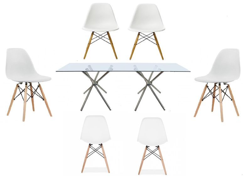7 Piece Rectanguler Glass Table &amp; Wooden Leg Chairs -White