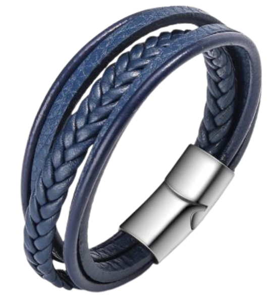 Trendy Genuine Leather Bracelets Multilayer Braided Navy &amp; Silver Clasp