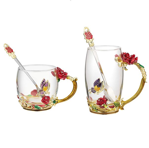 2 Pack Enamel Butterfly Flower Glass Coffee Mug with Spoon Set