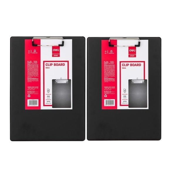 Deli Clipboard A4 Metal Clip PVC Black, 2 packs