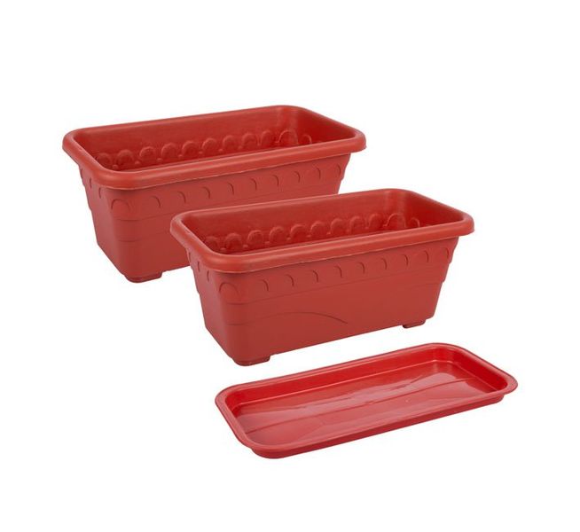 Set of 2 Rectangular Plastic Plant Trough &amp; Tray - 30cm x 16cm x 12cm