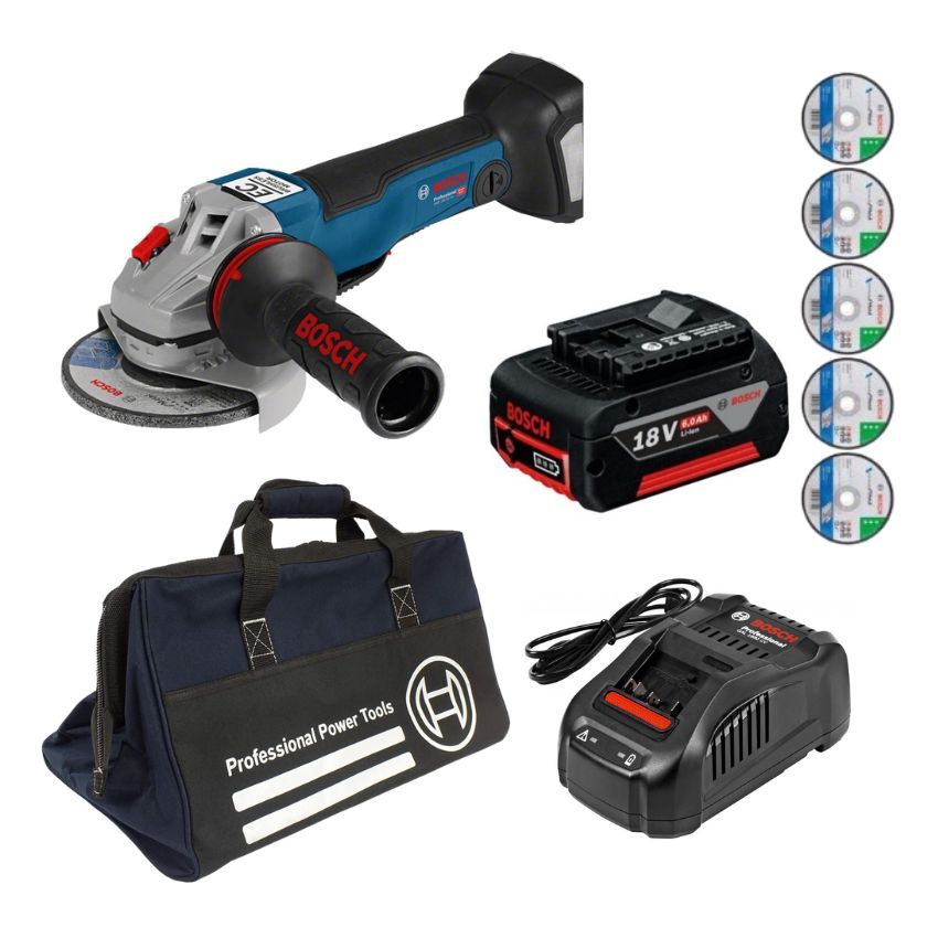 Bosch - Cordless Angle Grinder, Battery, Charger, Cutting Discs & Bag