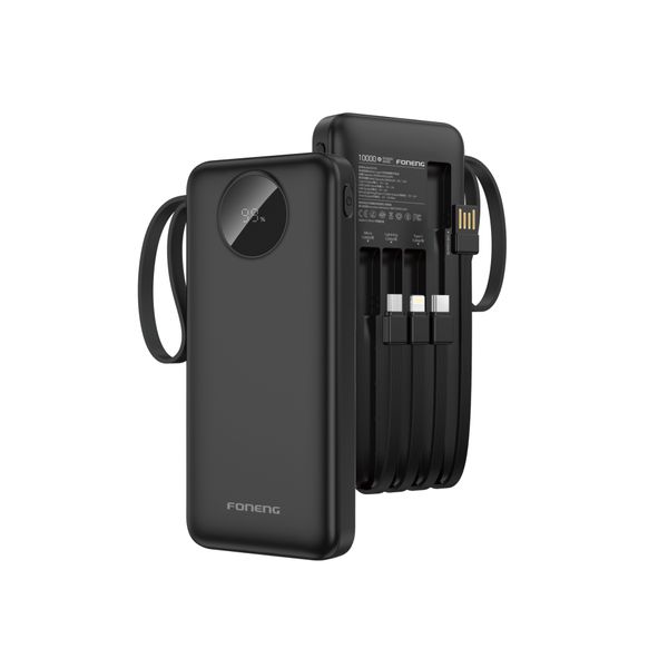 10,000 mAh power bank with 4 built-in cables and LED display black DX101