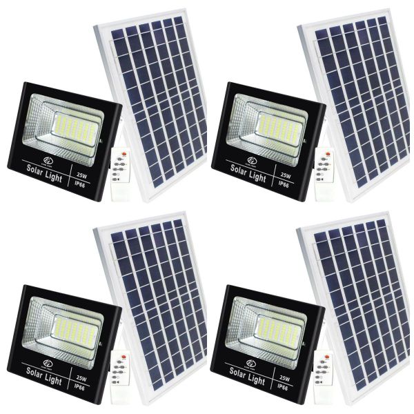 25W Outdoor Solar LED Flood Light (Black) - 4 Pack with Remote