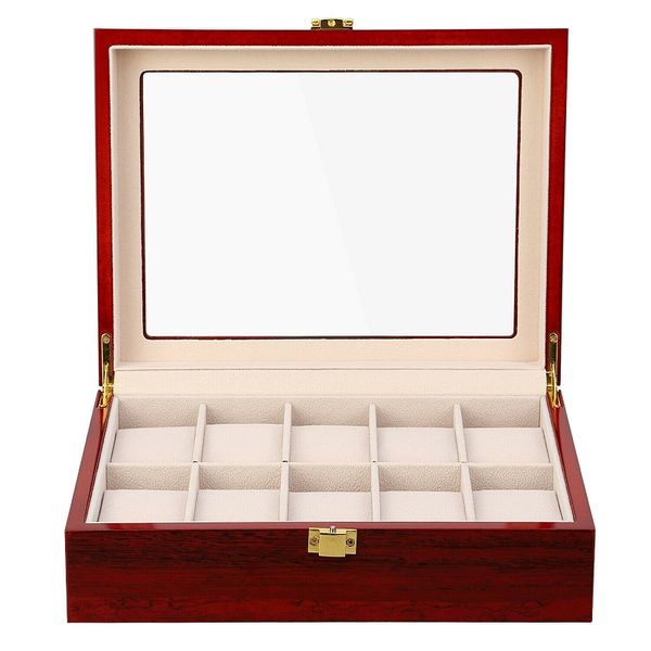 Jack Brown Luxury 10-Slot Wooden Watch Display Box - Red