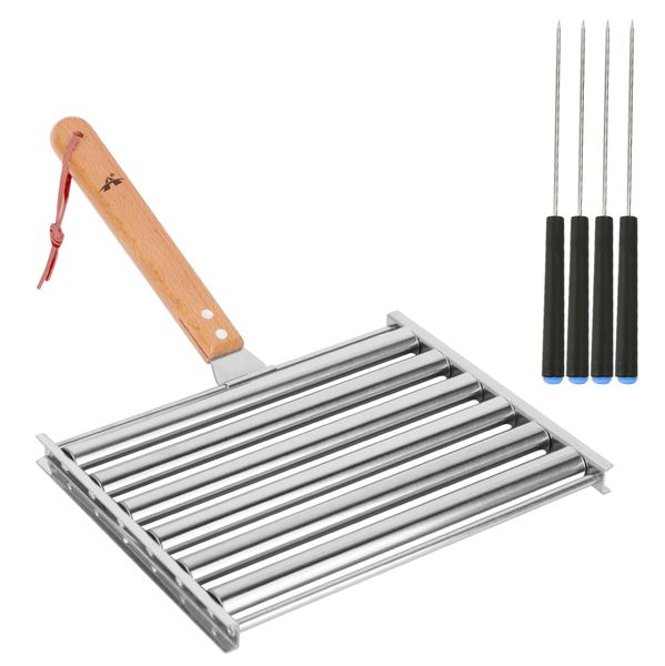 ALANES 24x18.5cm Stainless Steel Hot Dog Roller with Wood Handle &amp; 4 Skewer