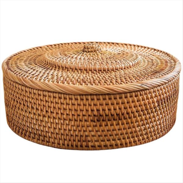 Rattan Basket with Lid, Hand-Woven Storage Basket, Lidded Wicker Basket for