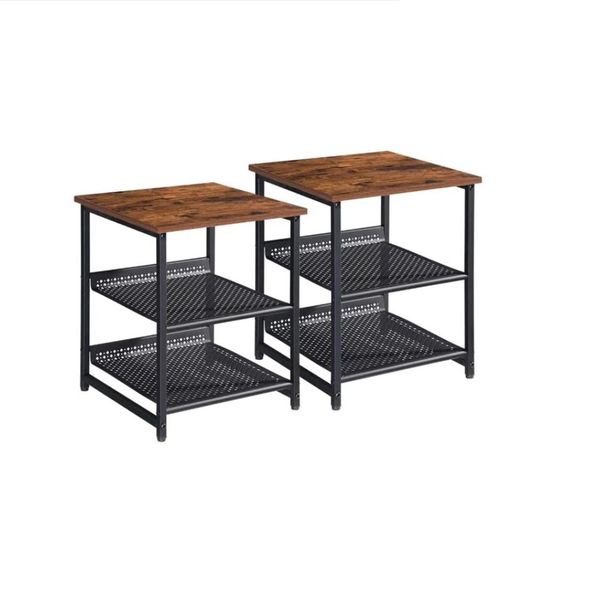 Set of 2 Side Tables Nightstand, Black and Rustic Brown