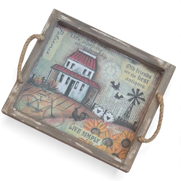 Handmade Wooden Tray with Rustic Farmhouse Scene