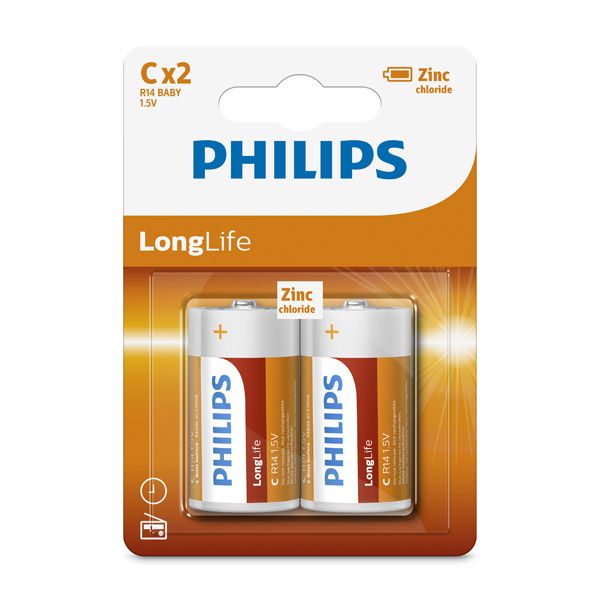 Philips - Longlife Zinc C Batteries 1.5V 2 Pack