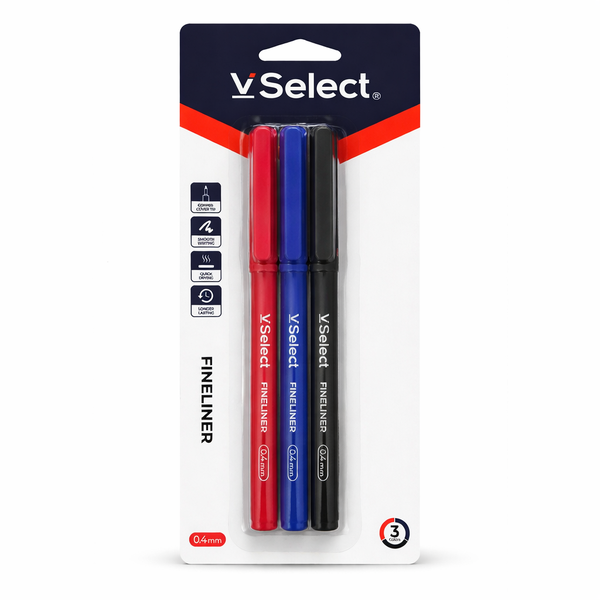V Select Fineliner Pens 0.4mm 3 Pack Smooth Writing Black Blue Red