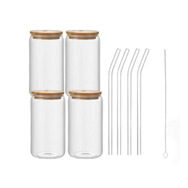 4 Piece Set Drinking Glasses With Bamboo Lid And Glass Straw