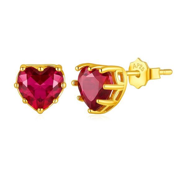 Women's Heart-Shaped Red Crystal Stud Earrings - Gold