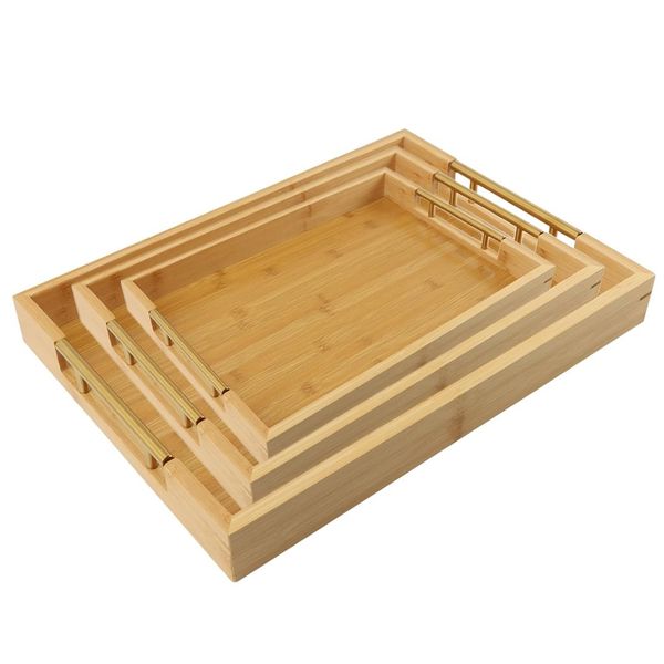 Bamboo Wood Serving Tray Set 3 Piece With Golden Handles