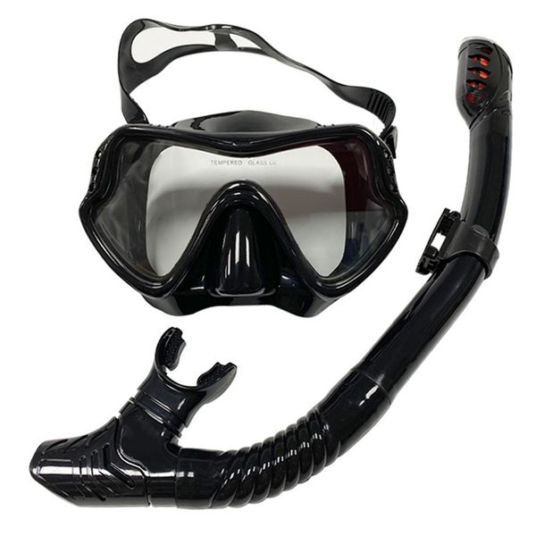 Black Snorkel Mask Set with Dry Snorkel, Tempered Glass Lens, Anti-Fog