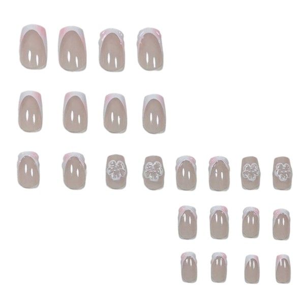 24 Piece - Minimalist Acrylic Nails With 3D Nail Art - Pink &amp; White