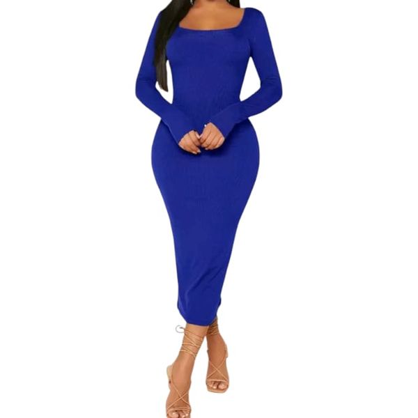GlammeFab Square Neck Long Sleeved Bodycon Dress Royal Blue