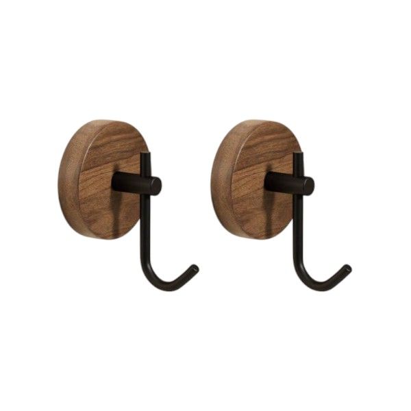 2 Piece - Walnut Wood Utility Hooks With Strong Adhesive - Black &amp; Brown