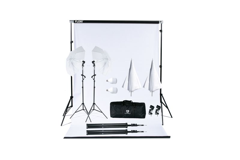 Floxi 400W White 1.37m PVC Backdrop and Umbrella Light Kit Bundle