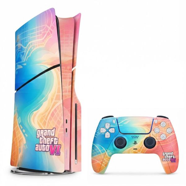 Skin Compatible with PS5 Slim (Disc): Grand Theft Auto VI Neon coastal noir