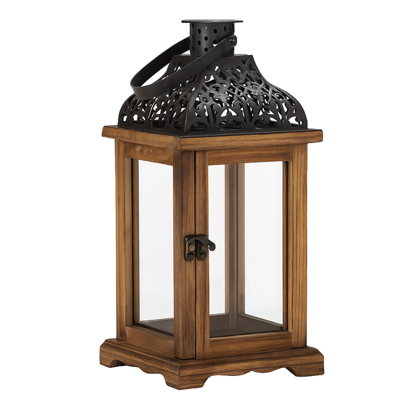 Rustic Wooden Candle Lantern with Metal Top - Decorative Indoor Holder
