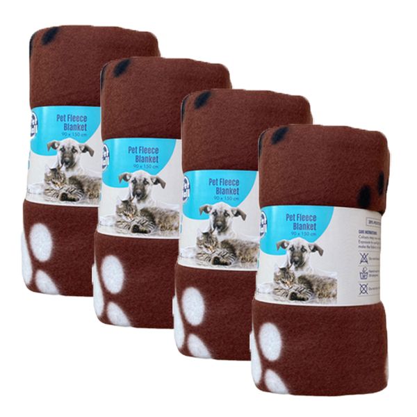Pet Mall Pet Fleece Blanket Brown Paw Print (76 x 100cm) - 4 Pack