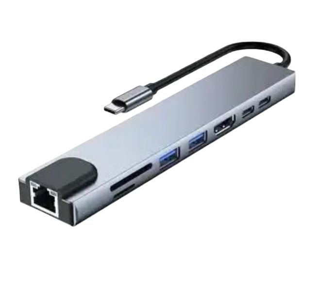 8-in-1 USB-C Hub: 4K HDMI, RJ45, SD/TF Reader, PD Fast Charge