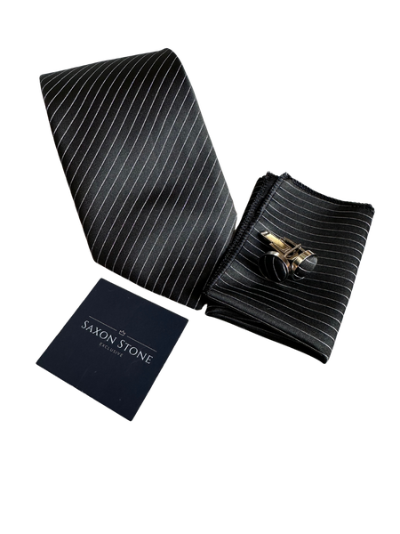 Saxon Stone - Men's Striped Black Tie, Pocket Square &amp; Cufflinks - Gift Set