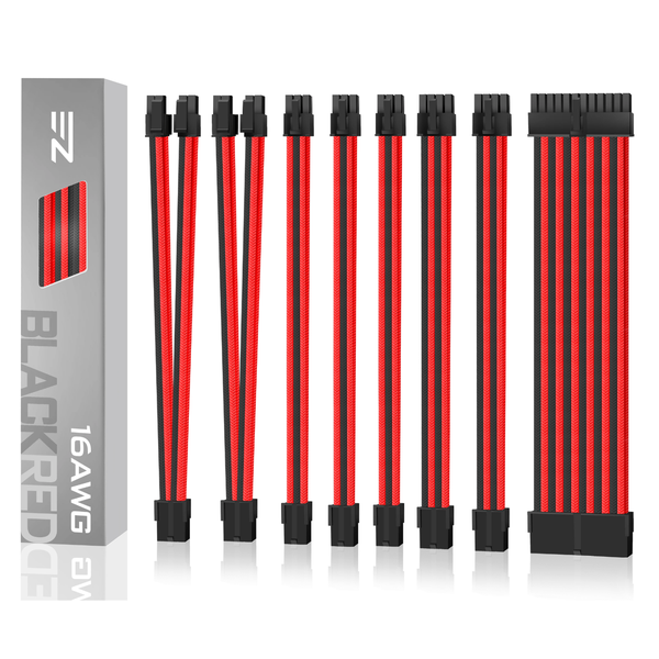 EZDIY-FAB 16 AWG PSU Premium Nylon Sleeved Extension Cable Kit -Black/Red