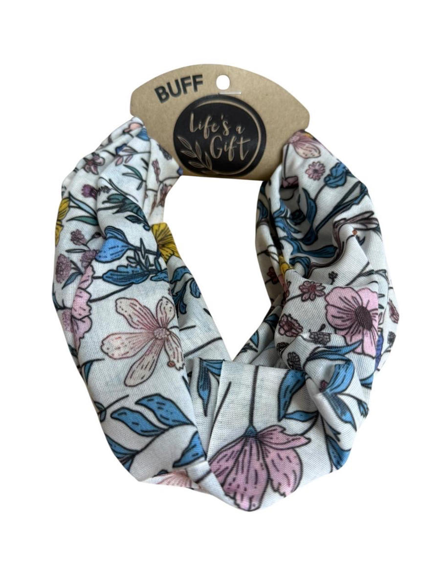 Neck Gaiter - Blue Leaves with Yellow, Blue & Pink Flowers