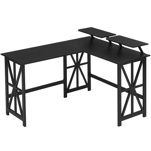 L-Shaped Office Desk with 2 Monitor Stand Reversible Corner Computer Desk