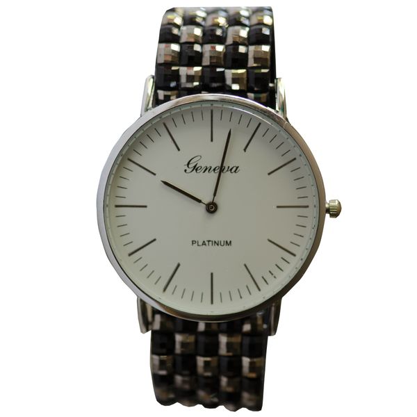 Stylish Ladies Watch with Black and Silver Jewelled Strap