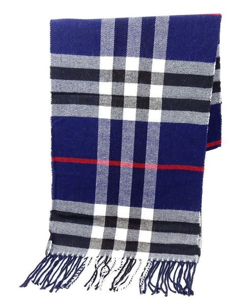 Men's Checked Scarf Cashmere Tasseles - Dark Blue/Grey