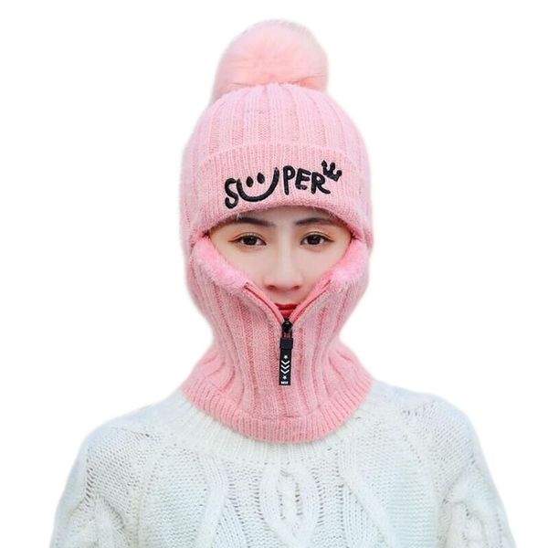 Ladies Beanies and Scarfs Fur Ball Knitted Warm Neck Style with Zipper