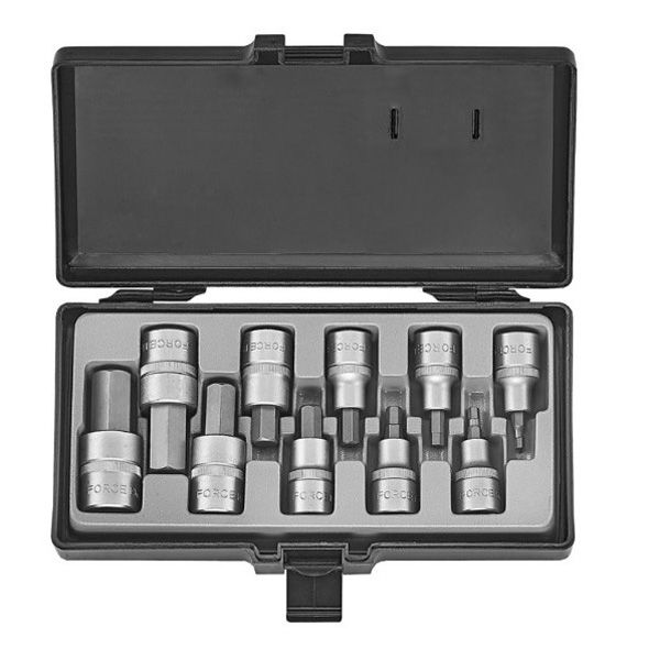 Force 1/2" Dr 10Pc Socket Hex Bit Set 5/32"-3/4" Std