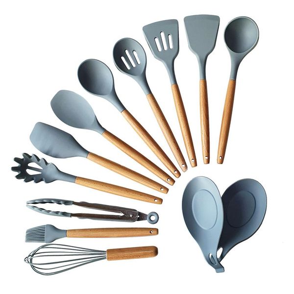 Hestia 13 Piece Silicone &amp; Wood Kitchen Utensil Set - Grey
