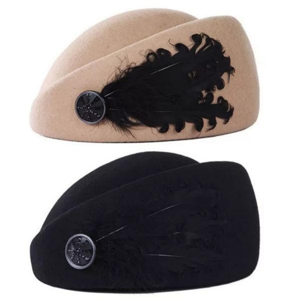 Lilhe Pack of Black &amp; Light Brown Elegant Beret Cap with Feather for Ladies