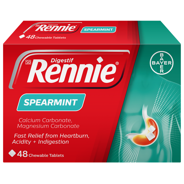 Rennie Spearmint - 48 Tablets Antacid - Fast-Acting Relief for Heartburn