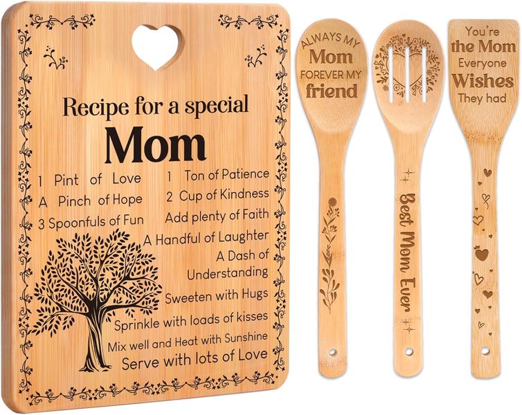 Cutting Board Set, Bamboo Utensil Set, Engraved Gift for Mom Christmas 4pc