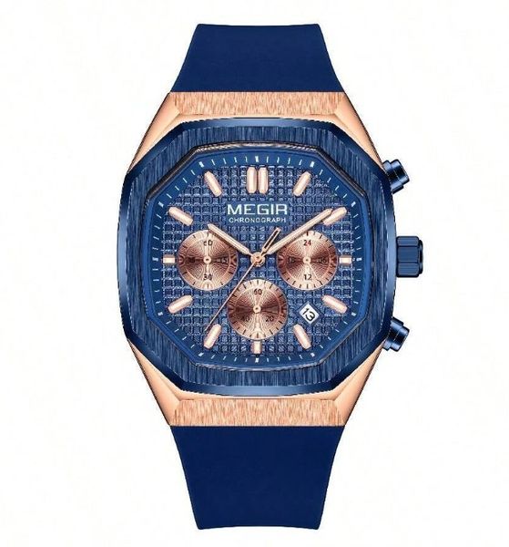MEGIR - Waterproof Quartz Watch With Chronograph Sub-Dials - Blue &amp; Gold