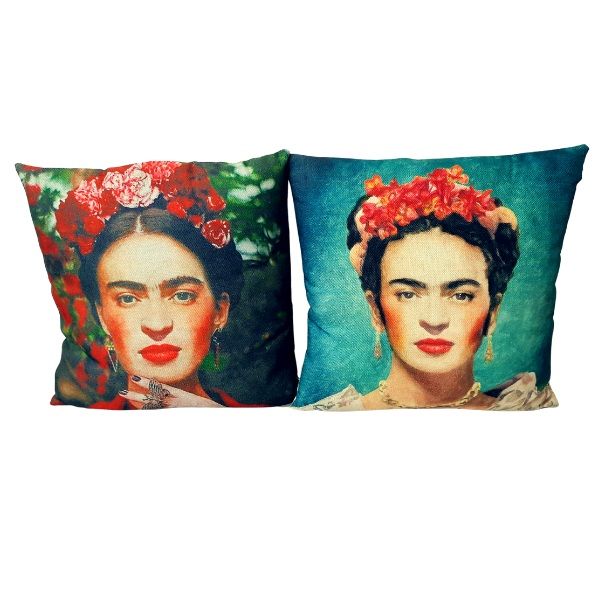 Cushion Slips - Cover Only Set Of 2 - Frida Kahlo Portrait Tomato And Teal
