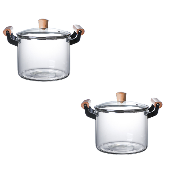 Transparent Glass Cooking Pots with Lids and Wooden Handles - 4.5L - 2 Pack