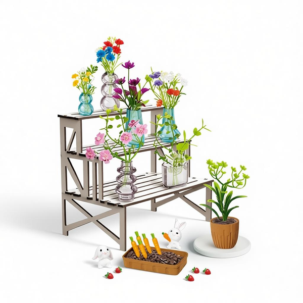 70 Piece Miniature Botanical Garden Playset with Flower Stand &amp; Vases