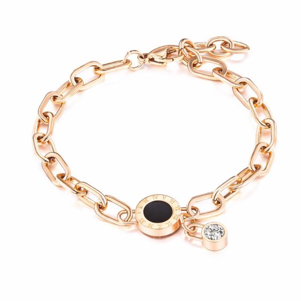 Vixen Rose Gold Stainless Steel Link Bracelet with Black Enamel &amp; CZ Charm