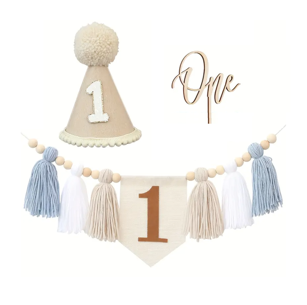 1st Birthday Set - Pompom Hat Boy - Set of 3
