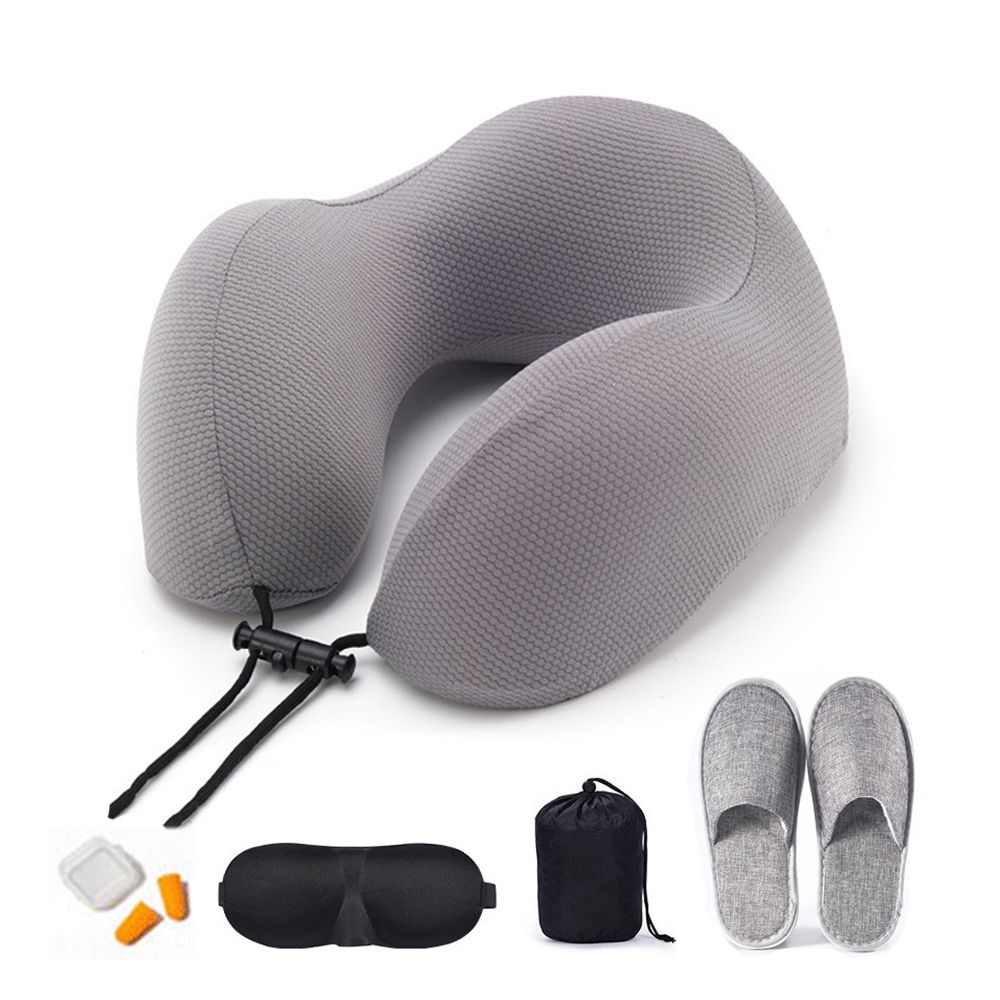 Memory Foam Travel Pillow/3D Eye Mask/Earplugs and Slippers - Grey