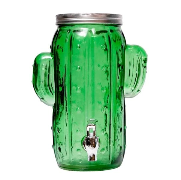 Cactus Glass Mason Jar Water Beverage Dispenser With Metal Lid Tap - 3.5L